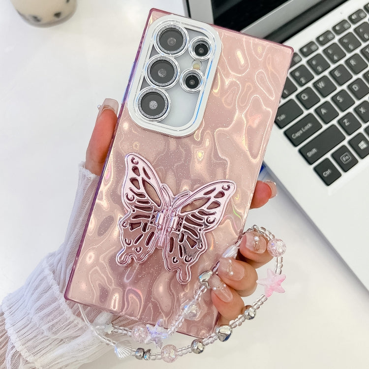 For Samsung Galaxy S25 Ultra 5G Plating Glitter Lens Film Texture Butterfly Holder Wristband Phone Case(Pink Tinfoil Texture) - Galaxy S25 Ultra 5G Cases by PMC Jewellery | Online Shopping South Africa | PMC Jewellery | Buy Now Pay Later Mobicred