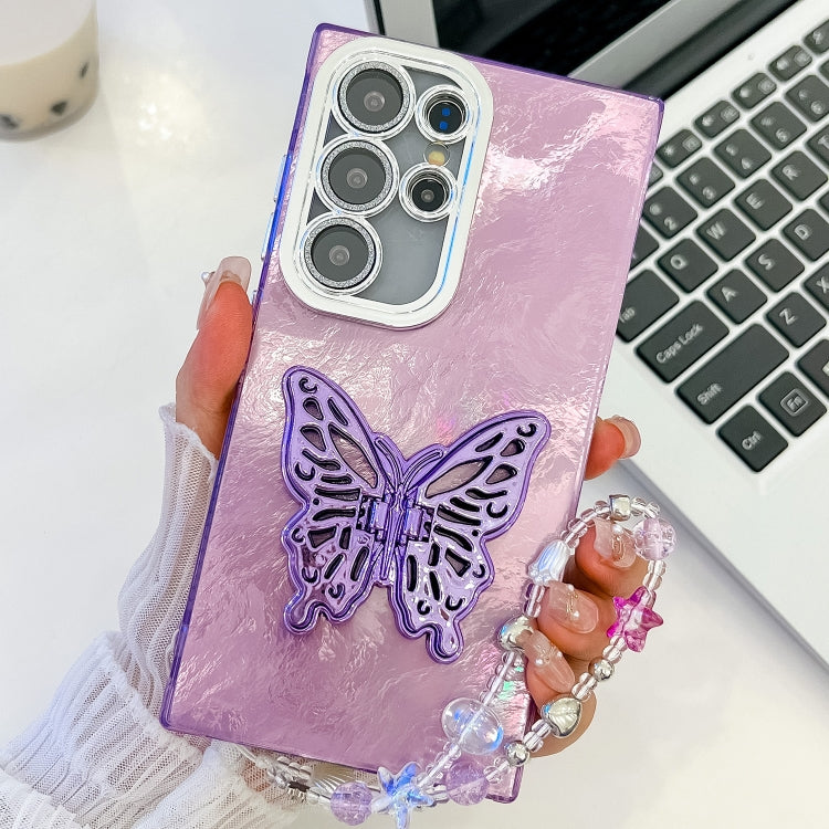 For Samsung Galaxy S25 Ultra 5G Plating Glitter Lens Film Texture Butterfly Holder Wristband Phone Case(Purple Tinfoil Texture) - Galaxy S25 Ultra 5G Cases by PMC Jewellery | Online Shopping South Africa | PMC Jewellery | Buy Now Pay Later Mobicred