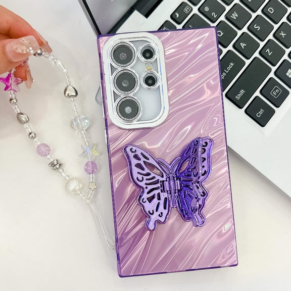 For Samsung Galaxy S25 Ultra 5G Plating Glitter Lens Film Texture Butterfly Holder Wristband Phone Case(White Feathers)