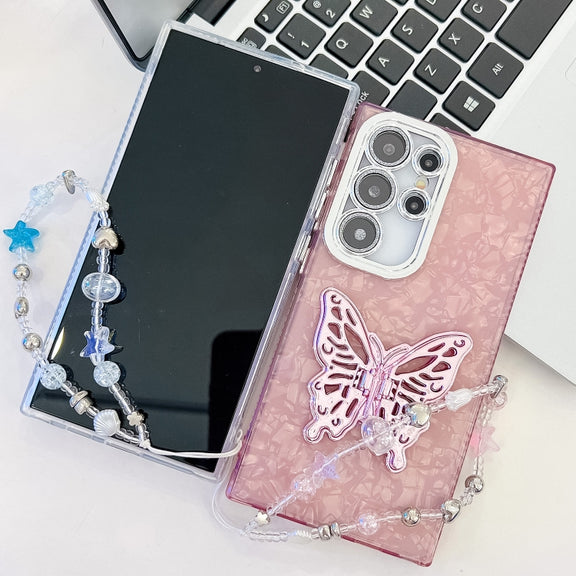 For Samsung Galaxy S25 Ultra 5G Plating Glitter Lens Film Texture Butterfly Holder Wristband Phone Case(White Feathers)