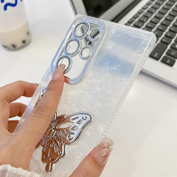For Samsung Galaxy S25 Ultra 5G Plating Glitter Lens Film Texture Butterfly Holder Wristband Phone Case(White Feathers)