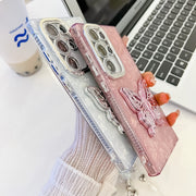 For Samsung Galaxy S25 Ultra 5G Plating Glitter Lens Film Texture Butterfly Holder Wristband Phone Case(White Wrinkles)