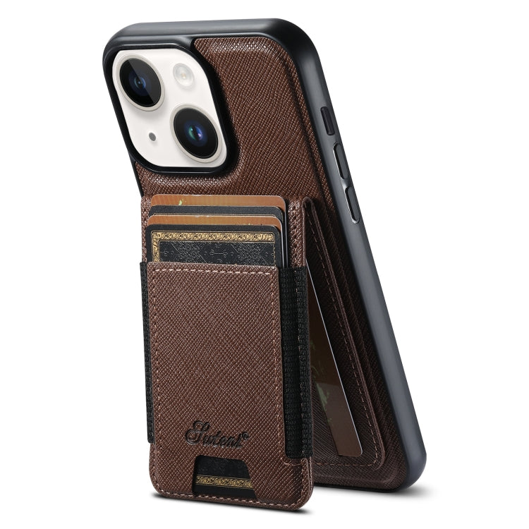 For iPhone 14 Suteni H17 Cross Grain Leather MagSafe Detachable Wallet Phone Case(Brown) - free shipping - PMC Jewellery - Order now!