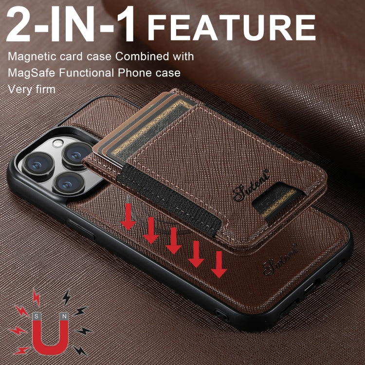 For iPhone 13 Pro Max Suteni H17 Cross Grain Leather MagSafe Detachable Wallet Phone Case(Brown) - free shipping - PMC Jewellery - Order now!