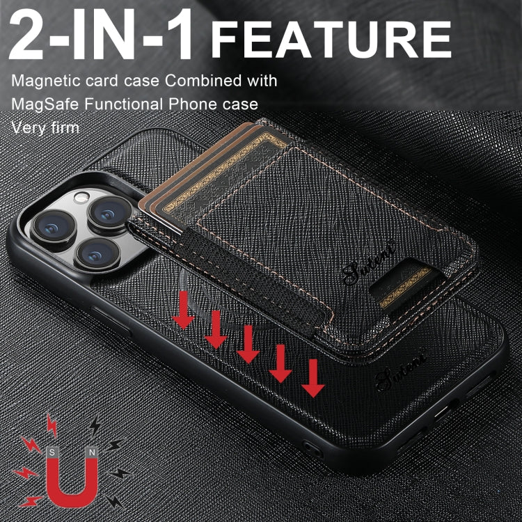 For iPhone 12 Pro Suteni H17 Cross Grain Leather MagSafe Detachable Wallet Phone Case(Black) - free shipping - PMC Jewellery - Order now!
