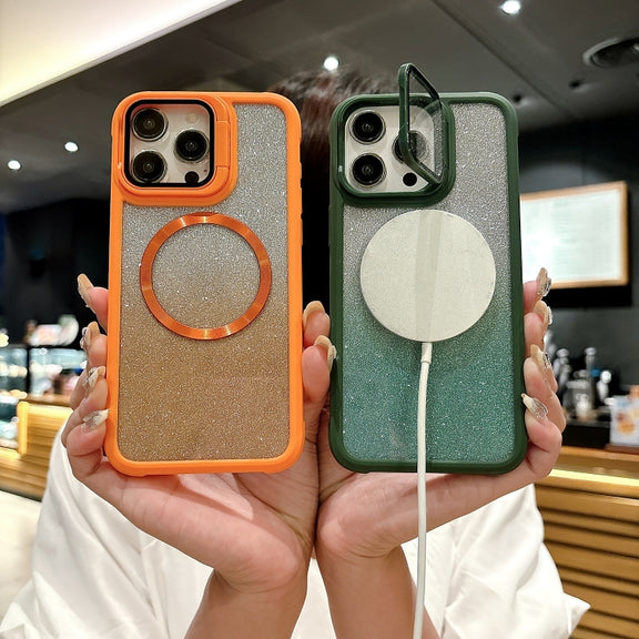For iPhone 16 Plus CD-grain Gradient Glitter Magsafe Acrylic Hybrid TPU Phone Case(Green)