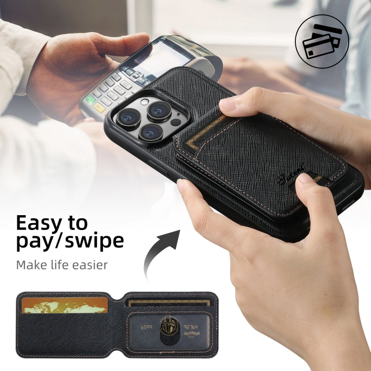 For iPhone 16 Plus Suteni H18 Cross Grain MagSafe Wallet Leather Phone Case(Black) - free shipping - PMC Jewellery - Order now!