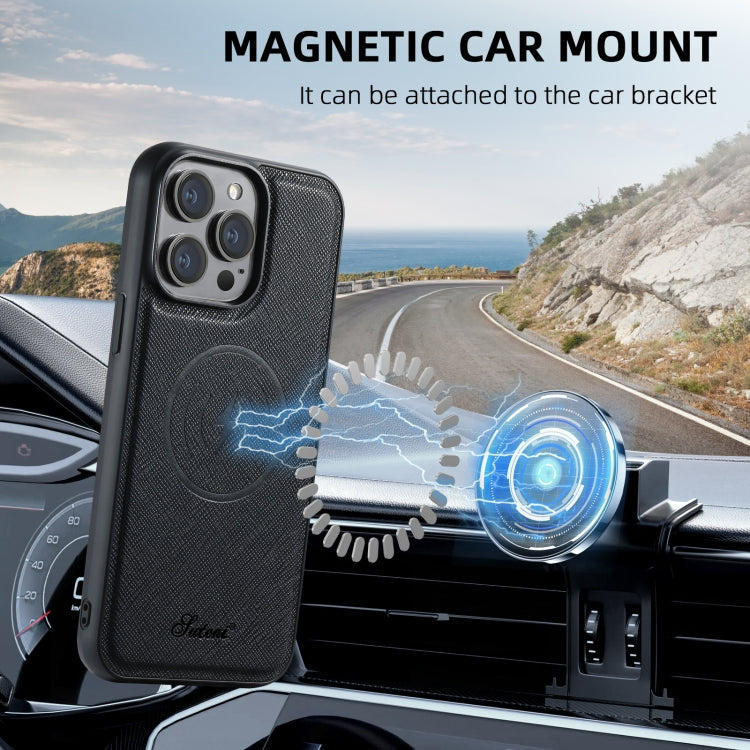 For iPhone 16 Plus Suteni H18 Cross Grain MagSafe Wallet Leather Phone Case(Black) - free shipping - PMC Jewellery - Order now!