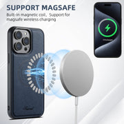 For iPhone 16 Suteni H18 Cross Grain MagSafe Wallet Leather Phone Case(Blue)