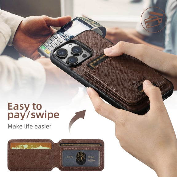 For iPhone 14 Suteni H18 Cross Grain MagSafe Wallet Leather Phone Case(Brown)