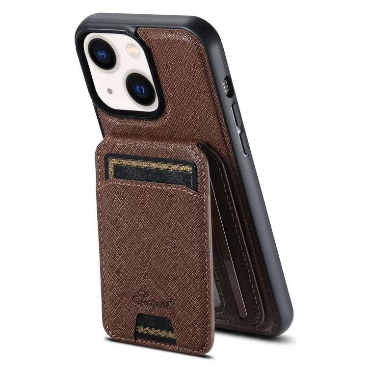 For iPhone 14 Suteni H18 Cross Grain MagSafe Wallet Leather Phone Case(Brown) - free shipping - PMC Jewellery - Order now!