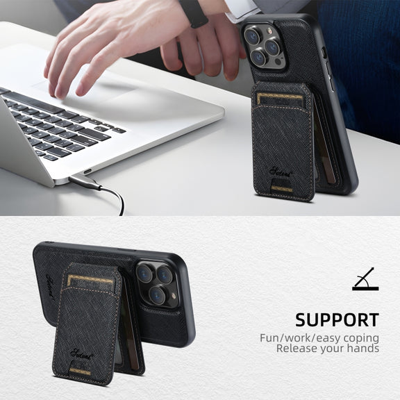 For iPhone 13 Pro Max Suteni H18 Cross Grain MagSafe Wallet Leather Phone Case(Black)