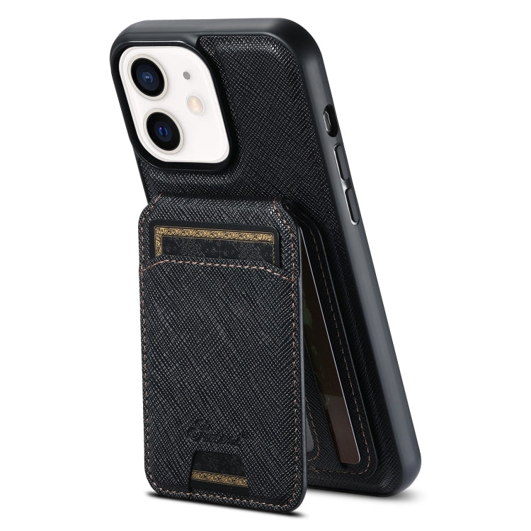 For iPhone 12 Suteni H18 Cross Grain MagSafe Wallet Leather Phone Case(Black) - free shipping - PMC Jewellery - Order now!