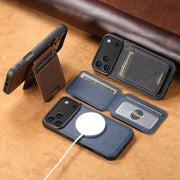 For iPhone 16 Suteni H18 Cross Grain MagSafe Wallet Leather Phone Case(Blue)