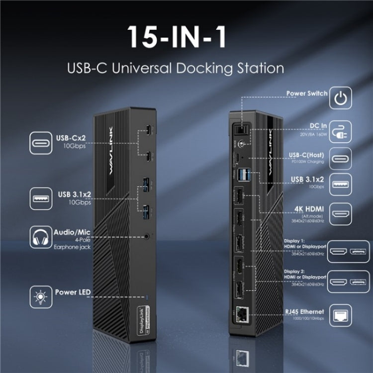 WAVLINK UG69PD25 Pro 100W PD Charging Triple 4K Display Laptop Docking Station, Plug:US Plug