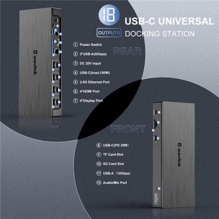 WAVLINK UG69PD8 Pro 18-in-1 DP / HD 5K Quadruple Display USB C Universal Docking Station, Plug:US Plug - free shipping - PMc TechLife - Order now!