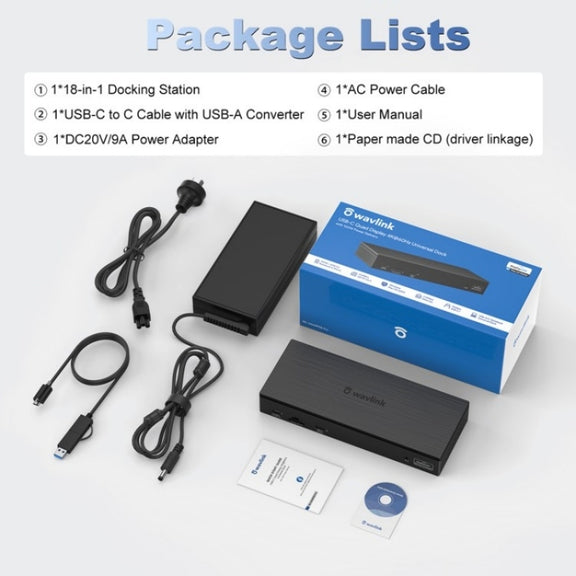 WAVLINK UG69PD8 Pro 18-in-1 DP / HD 5K Quadruple Display USB C Universal Docking Station, Plug:UK Plug
