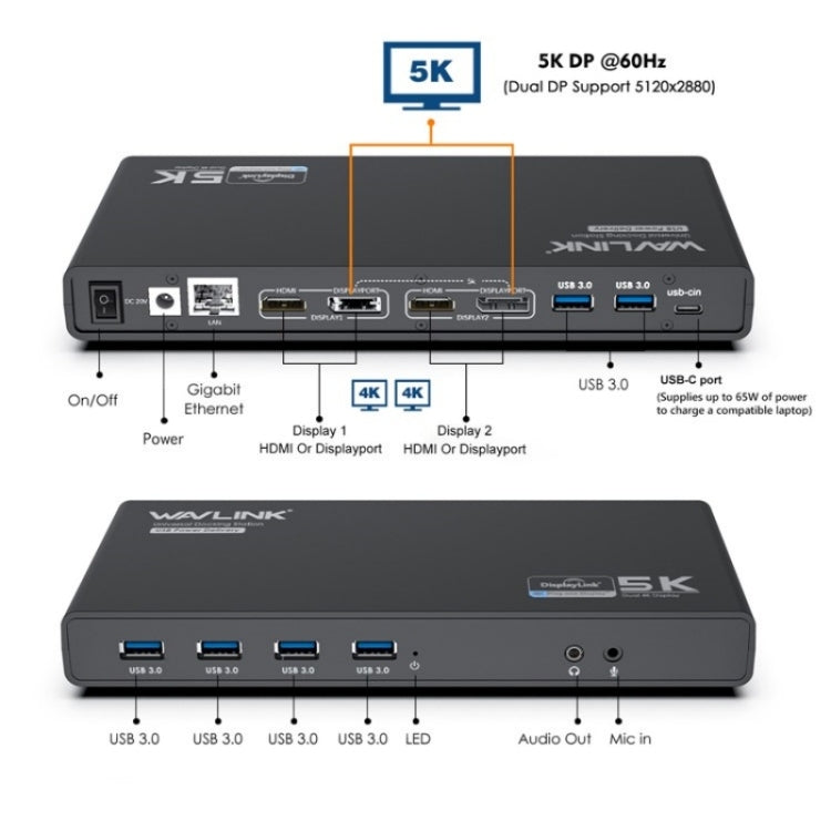 WAVLINK UG69PD6 Dual 4K Laptop Docking Station 5K HD Displaylink 65 / 100W PD Charging, Plug:US Plug