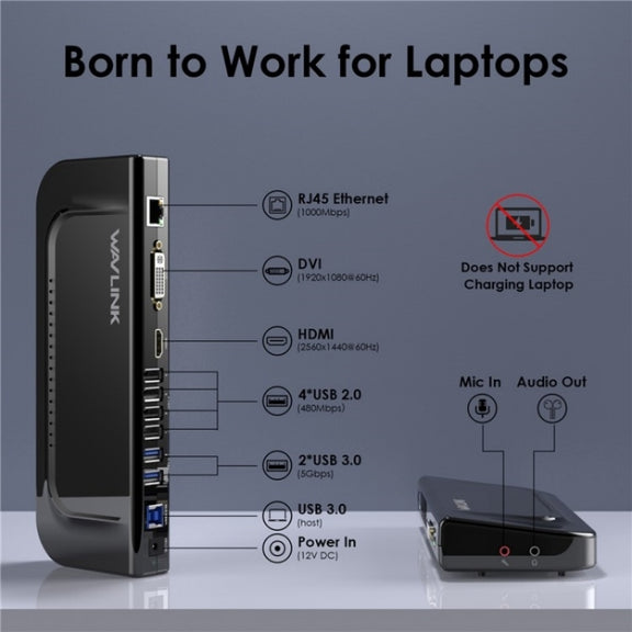 WAVLINK UG49DK4 Universal Laptop Docking Station Dual Monitor Supports DVI / HDMI / VGA(US Plug)
