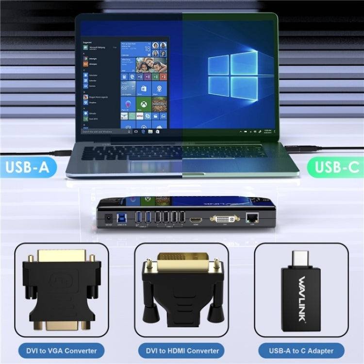 WAVLINK UG49DK4 Universal Laptop Docking Station Dual Monitor Supports DVI / HDMI / VGA(US Plug)