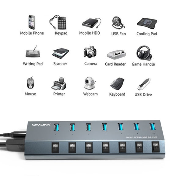 WAVLINK UH3076 5Gbps 7-port USB 3.0 Hub with Independent Switch and LED Indicator(US Plug)