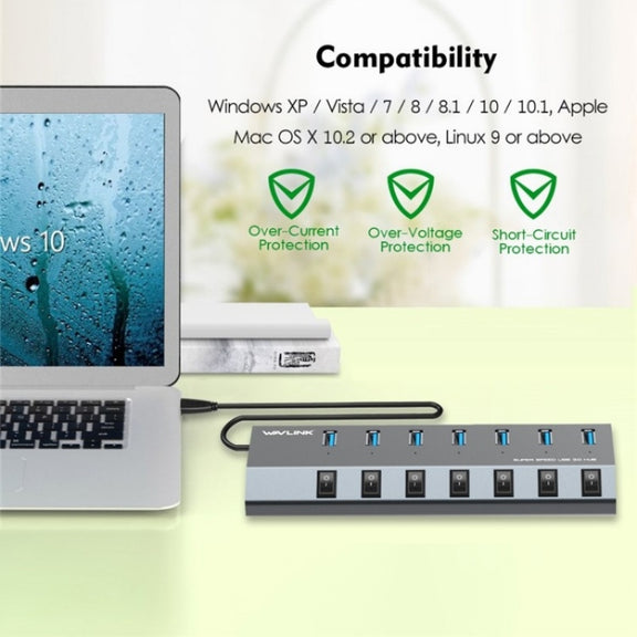 WAVLINK UH3076 5Gbps 7-port USB 3.0 Hub with Independent Switch and LED Indicator(AU Plug)