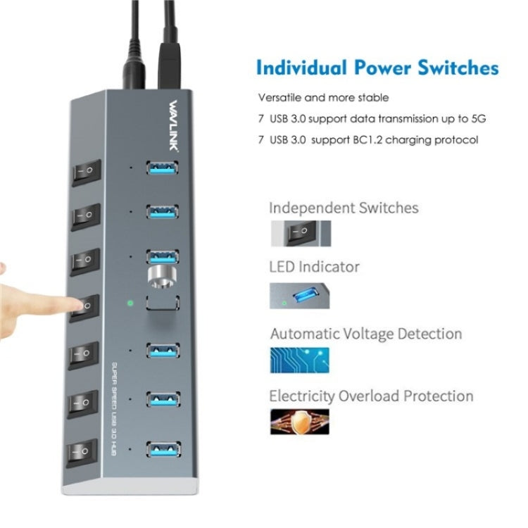 WAVLINK UH3076 5Gbps 7-port USB 3.0 Hub with Independent Switch and LED Indicator(UK Plug)