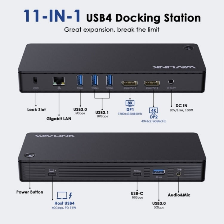 WAVLINK UTD22 Support 96W Laptop Charging USB4 Docking Station Dual Monitor USB-C Hub(EU Plug)