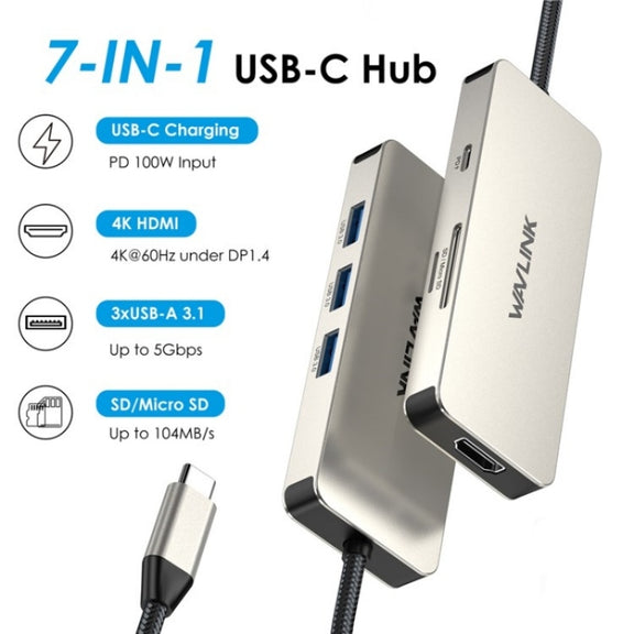 WAVLINK UHP3416 7-in-1 PD100W Charging SD / TF Card Reader 4K HD Type-C Docking Station(Grey)
