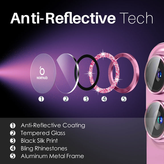For iPhone 16 / 16 Plus NORTHJO Glitter Camera Lens Protector Tempered Glass Metal Ring Film(Rose)