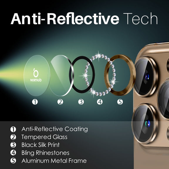 For iPhone 16 Pro / 16 Pro Max NORTHJO Rhinestone Camera Lens Protector Tempered Glass Metal Ring Film(Brown)