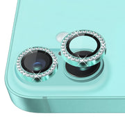 For iPhone 16 / 16 Plus NORTHJO Rhinestone Camera Lens Protector Tempered Glass Metal Ring Film(Cyan)