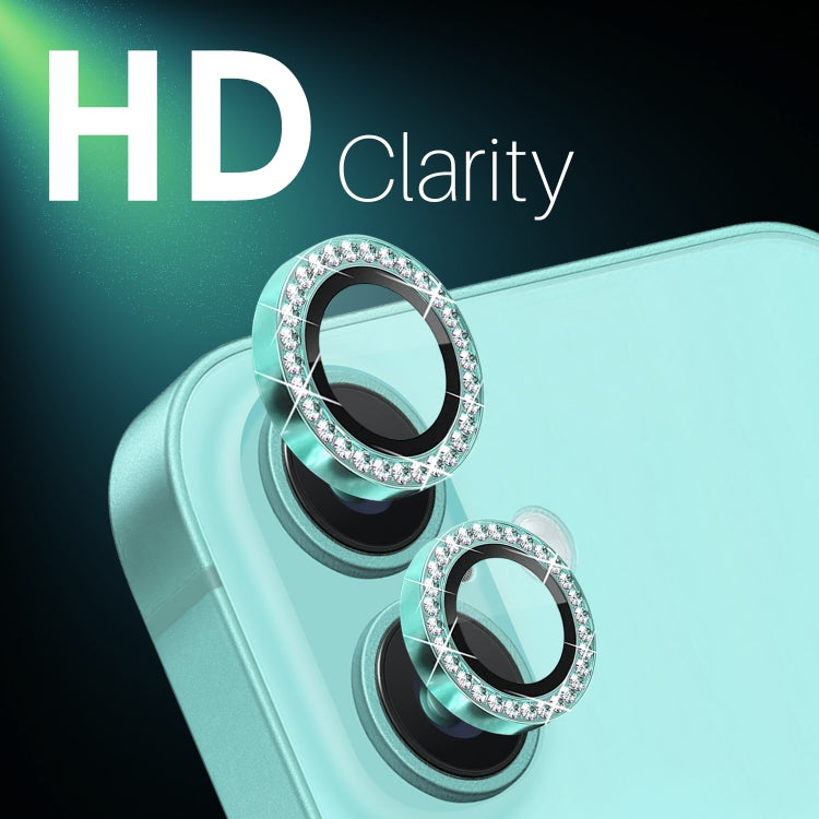 For iPhone 16 / 16 Plus NORTHJO Rhinestone Camera Lens Protector Tempered Glass Metal Ring Film(Cyan)