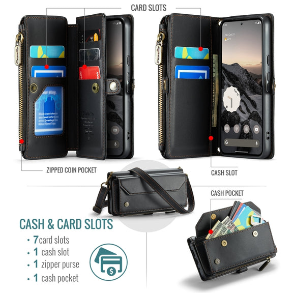 For Google Pixel 9 / 9 Pro CaseMe C36 Card Slots Zipper Wallet RFID Anti-theft Leather Phone Case(Black)