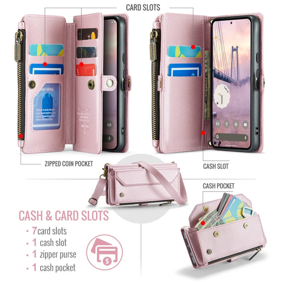 For Google Pixel 9 / 9 Pro CaseMe C36 Card Slots Zipper Wallet RFID Anti-theft Leather Phone Case(Pink)