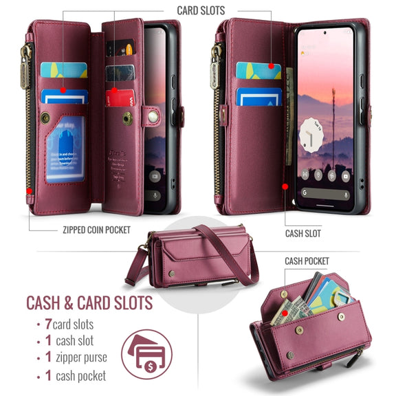 For Google Pixel 9 / 9 Pro CaseMe C36 Card Slots Zipper Wallet RFID Anti-theft Leather Phone Case(Wine)