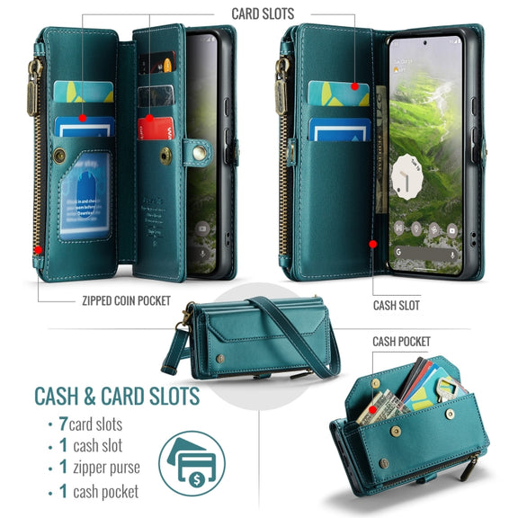For Google Pixel 9 / 9 Pro CaseMe C36 Card Slots Zipper Wallet RFID Anti-theft Leather Phone Case(Green)