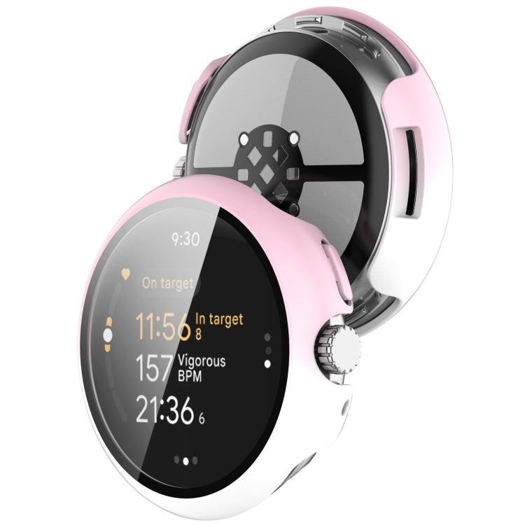 For Google Pixel Watch 3 45mm PC + Tempered Film Integrated Watch Protective Case(Pink+White) - Watch Cases by PMC TechLife | Online Shopping South Africa | PMC TechLife | Buy Now Pay Later Mobicred
