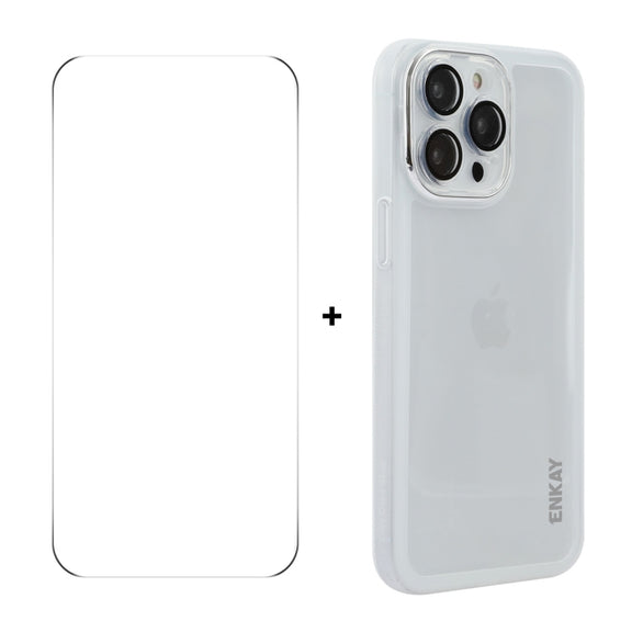 For iPhone 16 Pro ENKAY Hat-Prince Translucent Matte TPU Phone Case with Lens Film + 9H Big Arc Edge Film(White)
