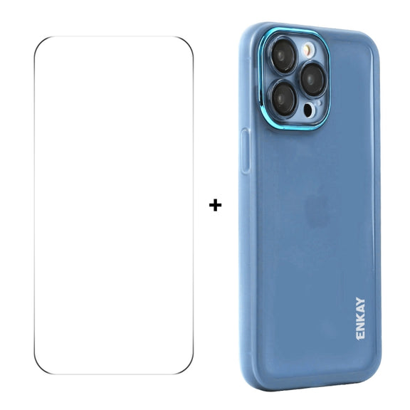 For iPhone 16 Pro ENKAY Hat-Prince Translucent Matte TPU Phone Case with Lens Film + 9H Big Arc Edge Film(Blue)