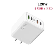 120W 3 PD Type-C Dual USB Multi Port Quick Charger for Mobile Phones, US Plug(White)