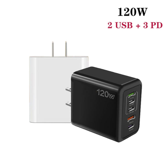 120W 3 PD Type-C Dual USB Multi Port Quick Charger for Mobile Phones, US Plug(White)