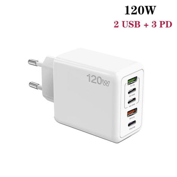 120W 3 PD Type-C Dual USB Multi Port Charger for Mobile Phones, EU Plug(WHite)