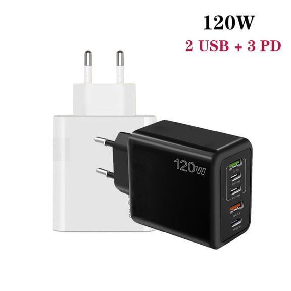 120W 3 PD Type-C Dual USB Multi Port Charger for Mobile Phones, EU Plug(WHite)
