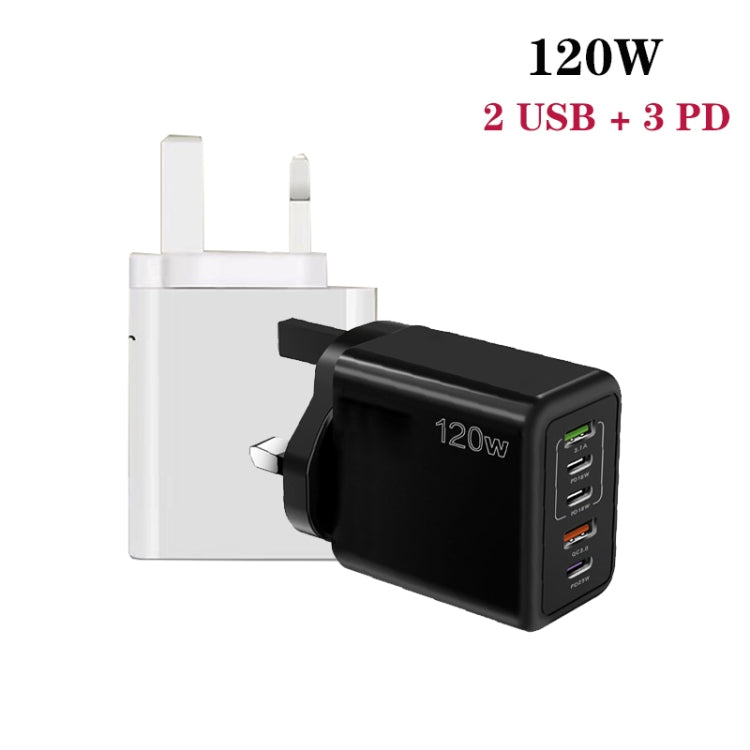 120W 3 PD Type-C Dual USB Multi Port Charger for Mobile Phones, UK Plug(Black)