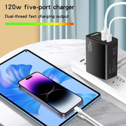120W 3 PD Type-C Dual USB Multi Port Charger for Mobile Phones, UK Plug(Black)