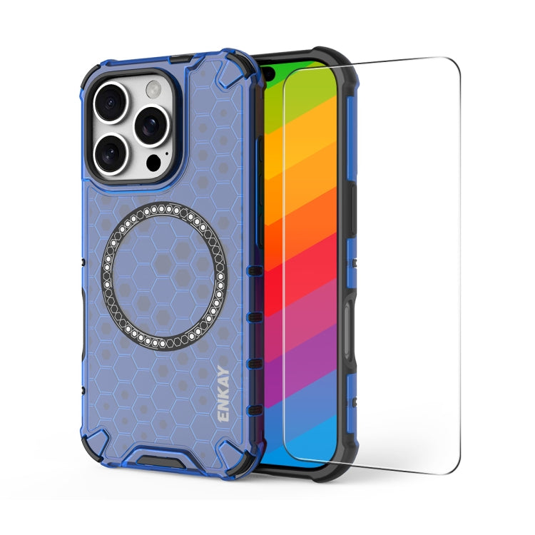For iPhone 16 Pro ENKAY Hat-Prince Honeycomb MagSafe Shockproof Phone Case with Large Arc Edge Film(Blue) - free shipping - PMC Jewellery - Order now!