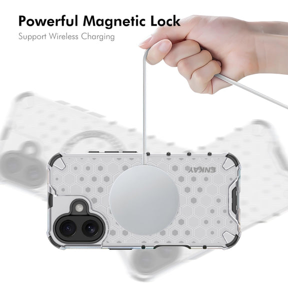 For iPhone 16 ENKAY Hat-Prince Honeycomb MagSafe Shockproof Phone Case with Large Arc Edge Film(White)