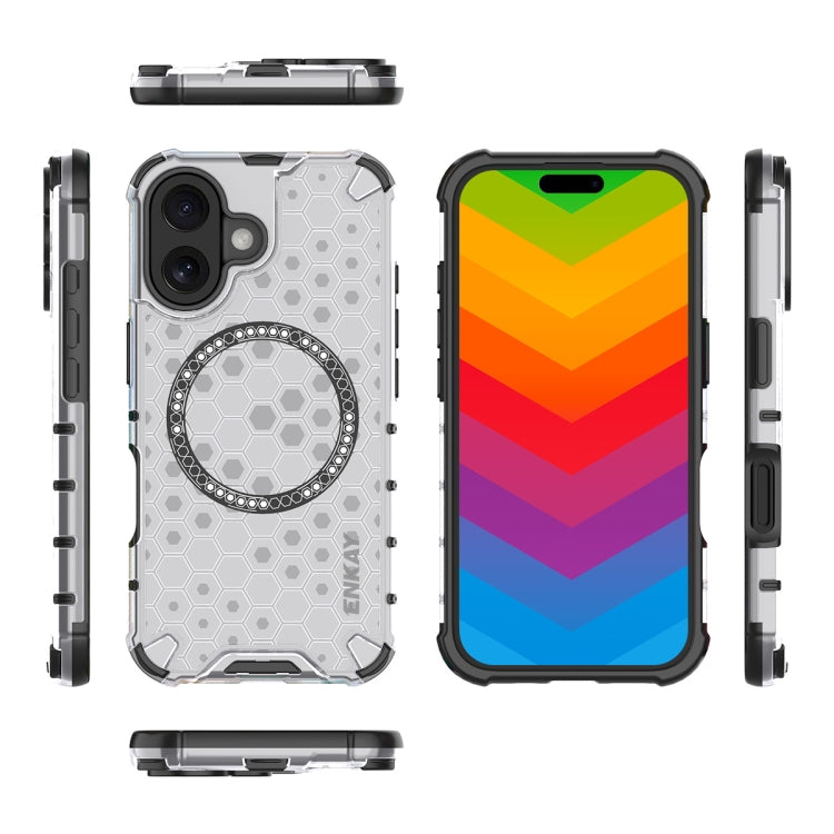For iPhone 16 ENKAY Hat-Prince Honeycomb MagSafe Shockproof Phone Case with Large Arc Edge Film(Grey)