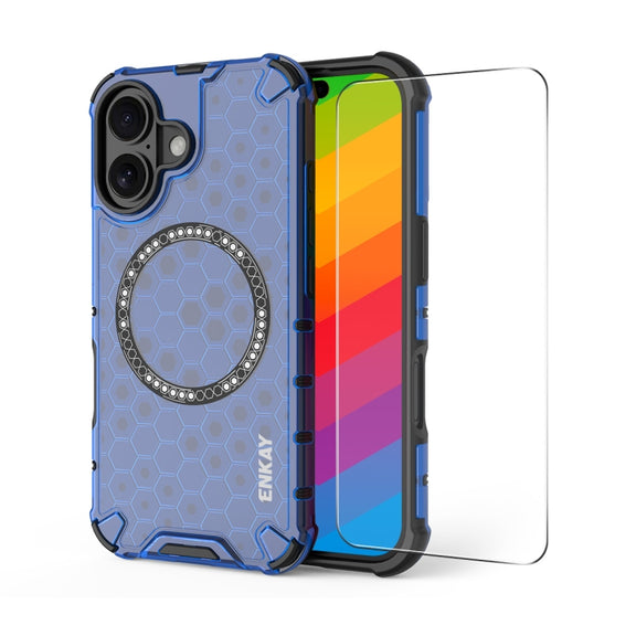 For iPhone 16 ENKAY Hat-Prince Honeycomb MagSafe Shockproof Phone Case with Large Arc Edge Film(Blue)